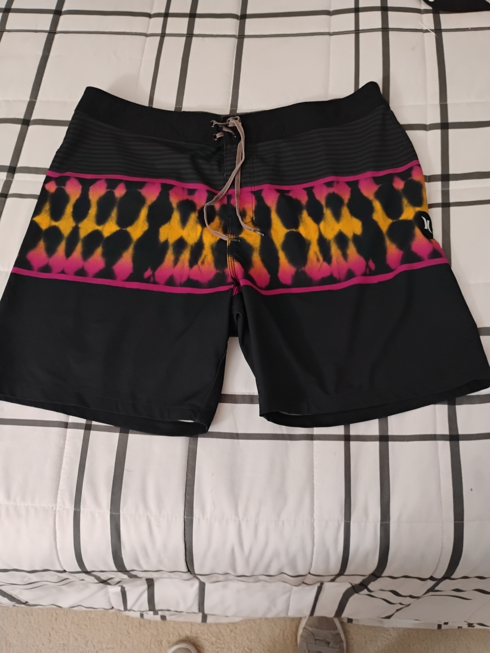 Hurley Black Board Shorts with Pink and Yellow Waist Stripe